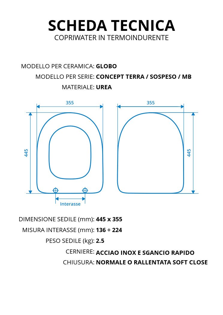 Copriwater per GLOBO CONCEPT TERRA/SOSPESO/MONOBLOCCO TERMOINDURENTE BIANCO cerniera inox normale o rallentata soft close