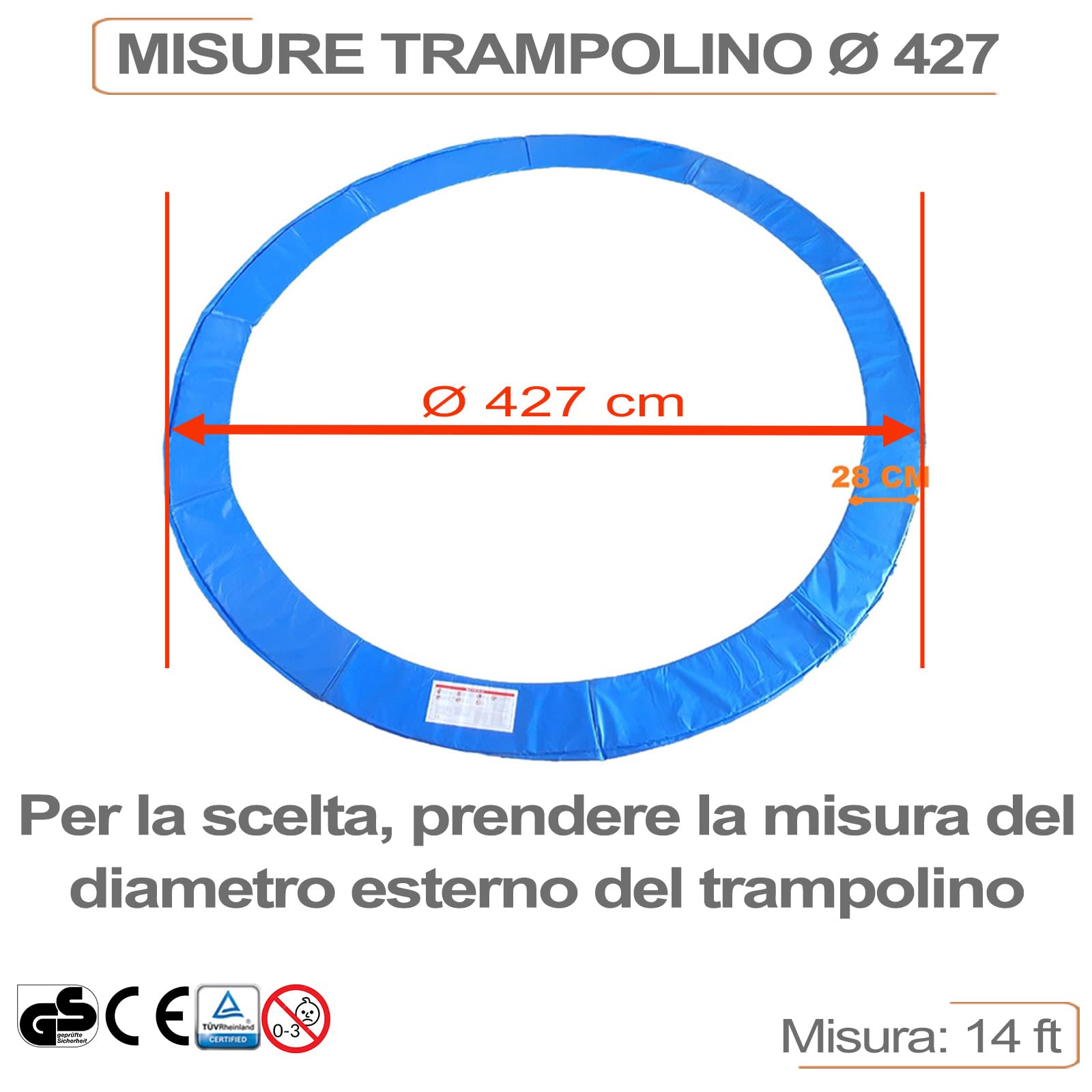 yelloo - Coprimolle per Copertura Bordo Tappeto Elastico (Diametro: 185, 245, 305, 366, 427) Accessori Ricambi per Trampolino Elastico, Certificato CE TUV GS