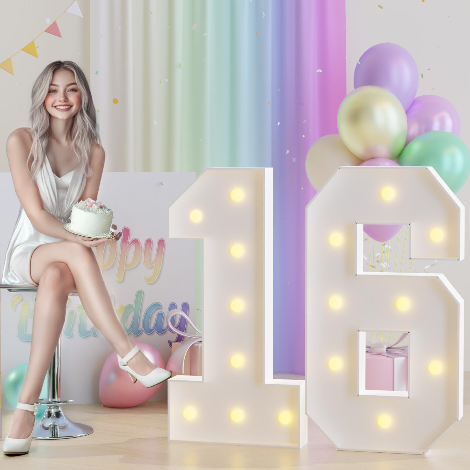 Photo 1 of ITEM IS MISSING PARTS. UNSURE WHAT PARTS ARE MISSING.-----------------------------------------------Joymuse 3ft Marquee Numbers 16, Large Light Up Numbers 16, 16th Birthday Decorations for Girls and Boys, Yellow Light