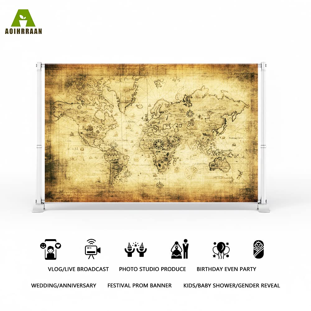Aoihrraan 3x2m Vintage Mondo Mappa Fotografia Sfondo Bussola Vintage tesoro caccia pergamena mappa Sfondo Ragazzo Camera Arredamento Benvenuto Avventura Attende Compleanno Festa Ritratto Foto Prop