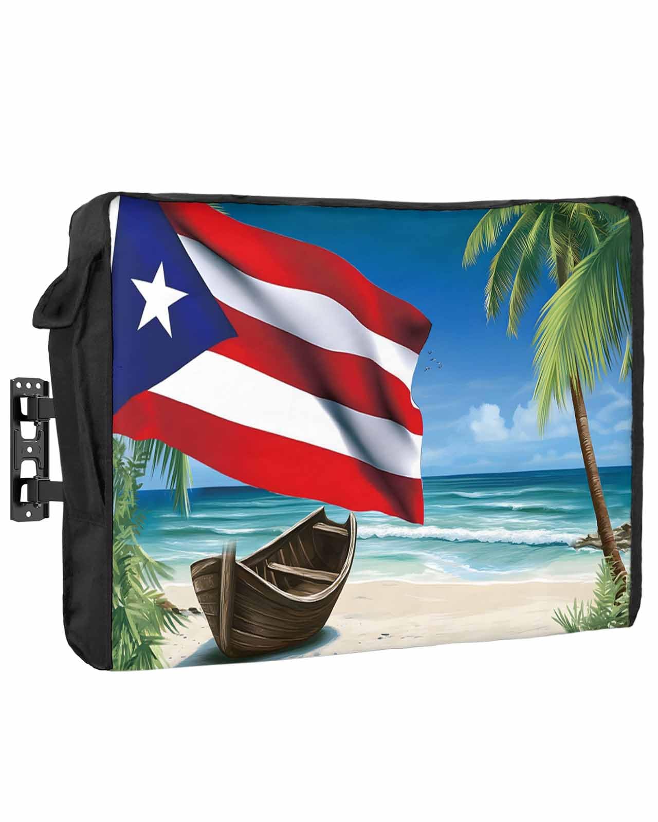 Outdoor TV Cover - Summer Coconut Tree Puerto Rico Flag Waterproof and Weatherproof 70"-75" LCD Movable Shield TV Display Screen Protector Outside