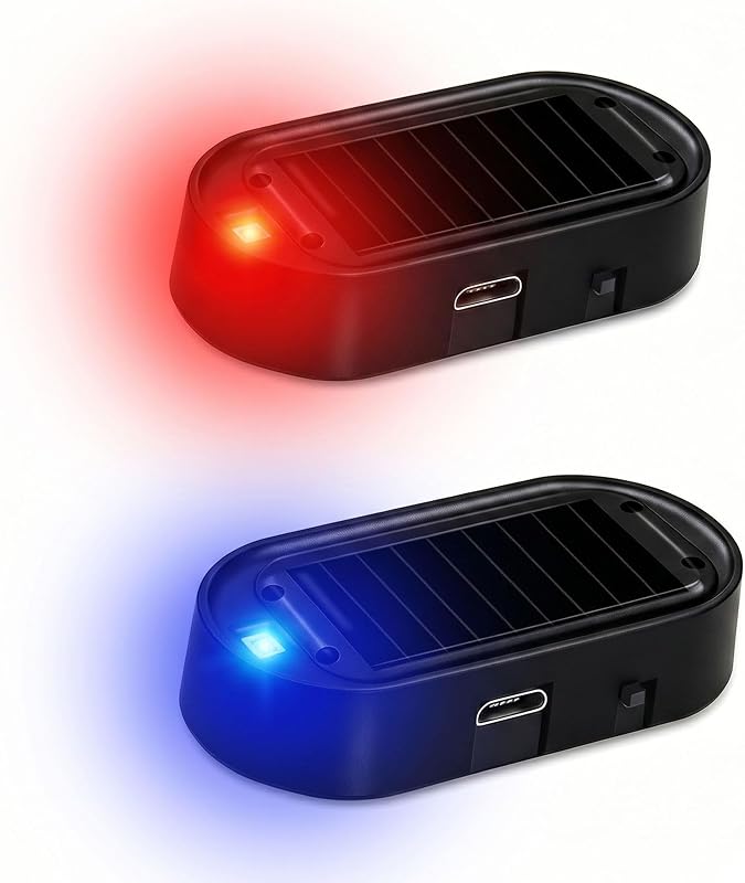2 UNIDS Luz de Seguridad Intermitente de Luz LED de Alarma de auto Falsa de Energía Solar | Luz de seguridad intermitente LED antirrobo de advertencia simulada, lámpara de sistema de alarma para automóvil con puerto USB, luz azul y roja (negro)