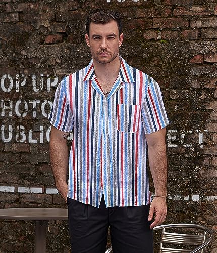 Image of VATPAVE Mens Striped Summer Shirt Casual Button Down Short Sleeve Beach Shirts Cotton Shirts for Men