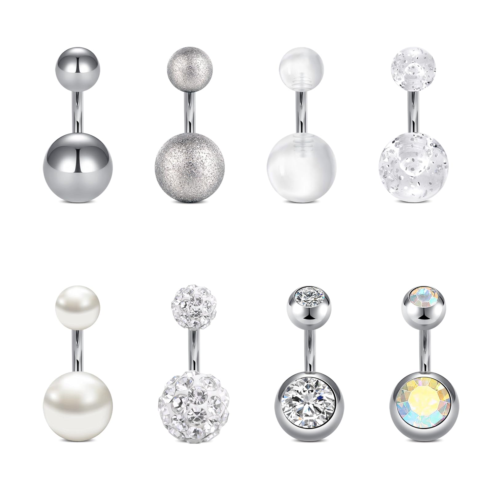 FECTAS 8 sztuk kolczyków do pępka 6/10/12/14 mm stal chirurgiczna piercing do pępka biżuteria 14G srebrny czarny