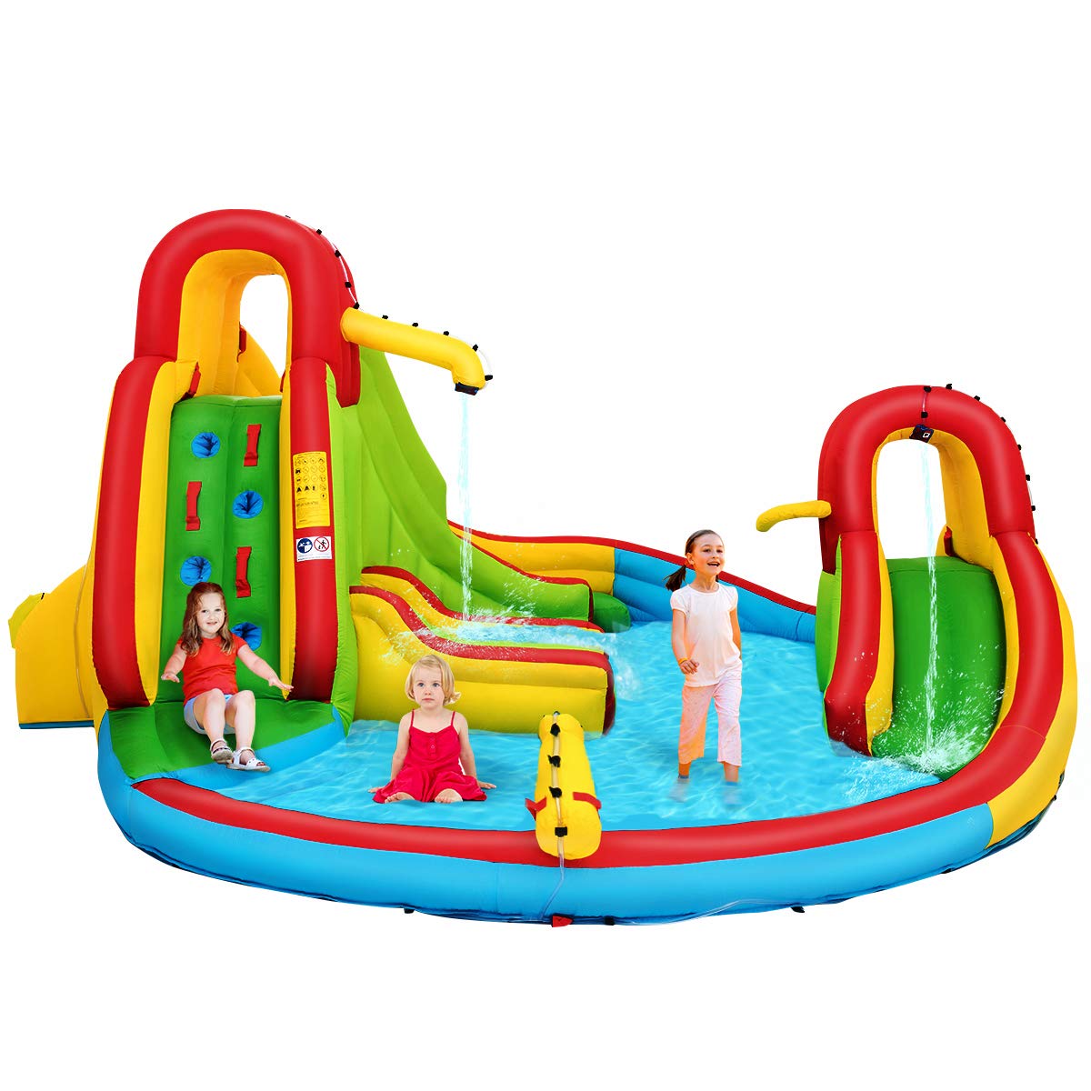 RELAX4LIFE Castillo Inflable, Parque Acuático para Niños con 2 Toboganes, Escalada, Piscina con Cañón y Sofá, Canasta con Balón de Baloncesto, 460x420x233cm (sin Ventilador)