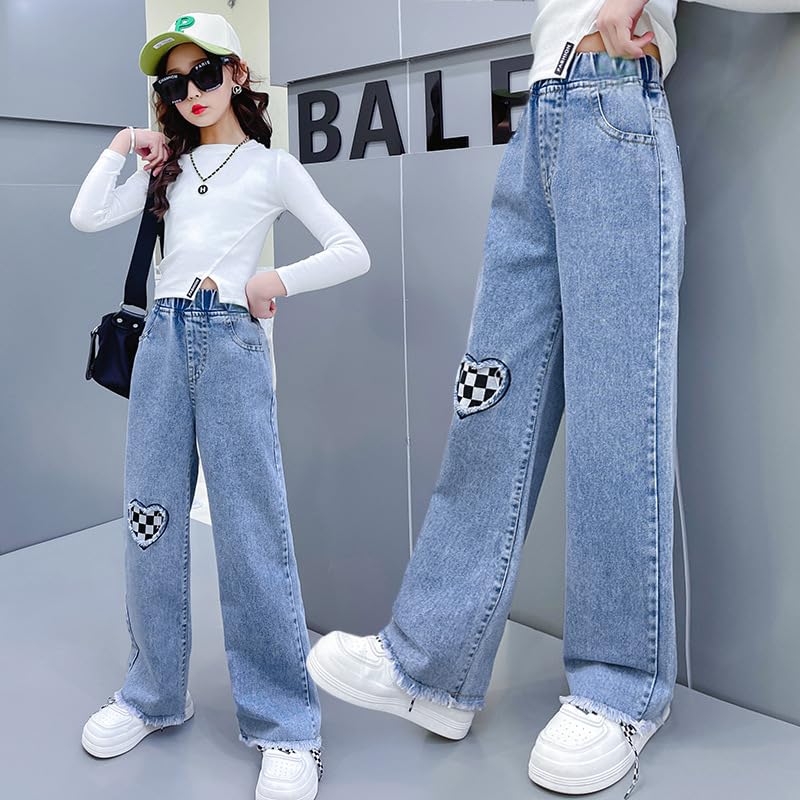 Straight Leg Pants Spring and Autumn Style Western Girls Casual Loose Wide Leg Jeans (US, Numeric Height, Front and Back Pockets Star Wide Leg Jeans 160CM)4