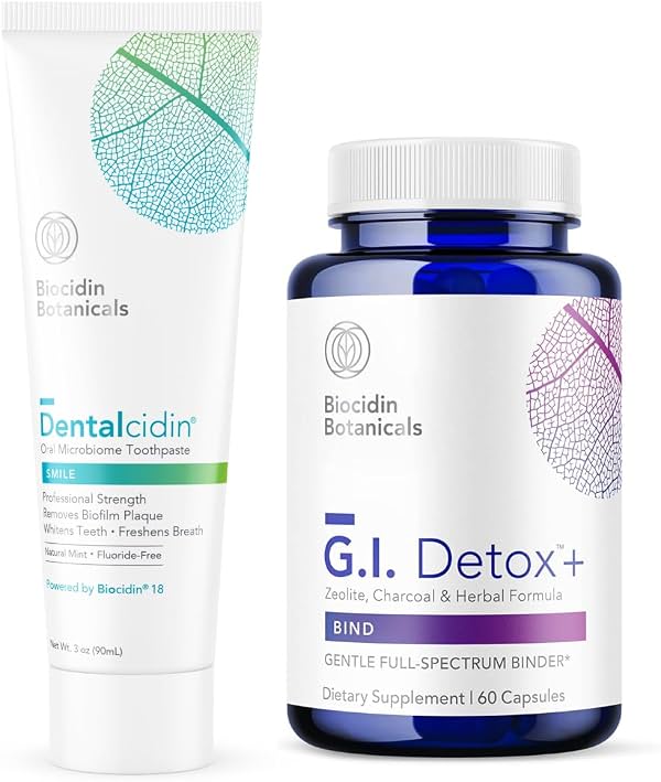 Pasta Dental Dentalcidin de Bio-Botanical Research (3 oz) + G.I. Detox+ Agente Suave - Ayuda a Eliminar Biopelículas y Placa para Mantener Dientes y Encías Saludables + Agente de Unión de Toxinas - Paquete de 2 Productos