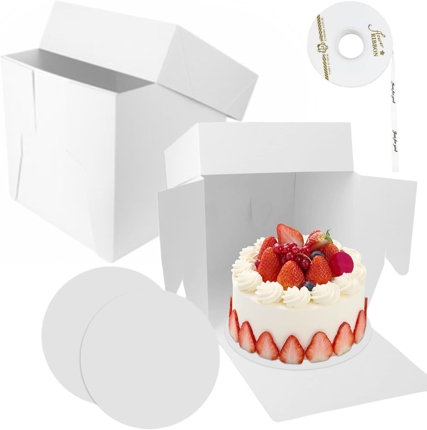 Tortenbox Set 2 St ck Tortenkarton Hoch 30x30x20cm mit Tortenplatte Satinband und Aufklebern Tortenkarton Wei  Tortentransportbox Tortenschachtel Tortenbox 30x30 Cake Box f r Kuchen Geb ck