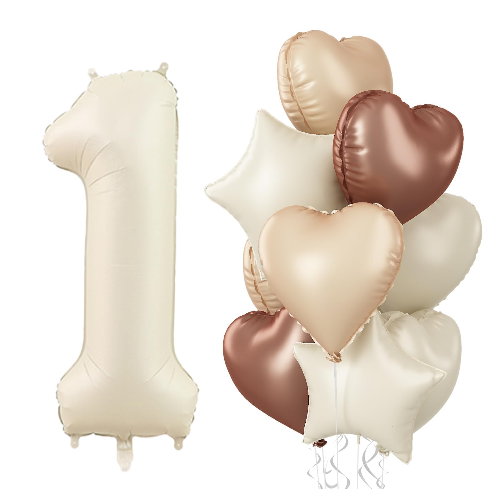 40 Inch Cream 1 Balloon Decor, Beige Tan Brown Heart Balloons, Foil Neutral Nude Sand White Helium Star Number 1 Balloons for Girls 1st Birthday Anniversary Baby Shower Party Boho Decoration Supplies