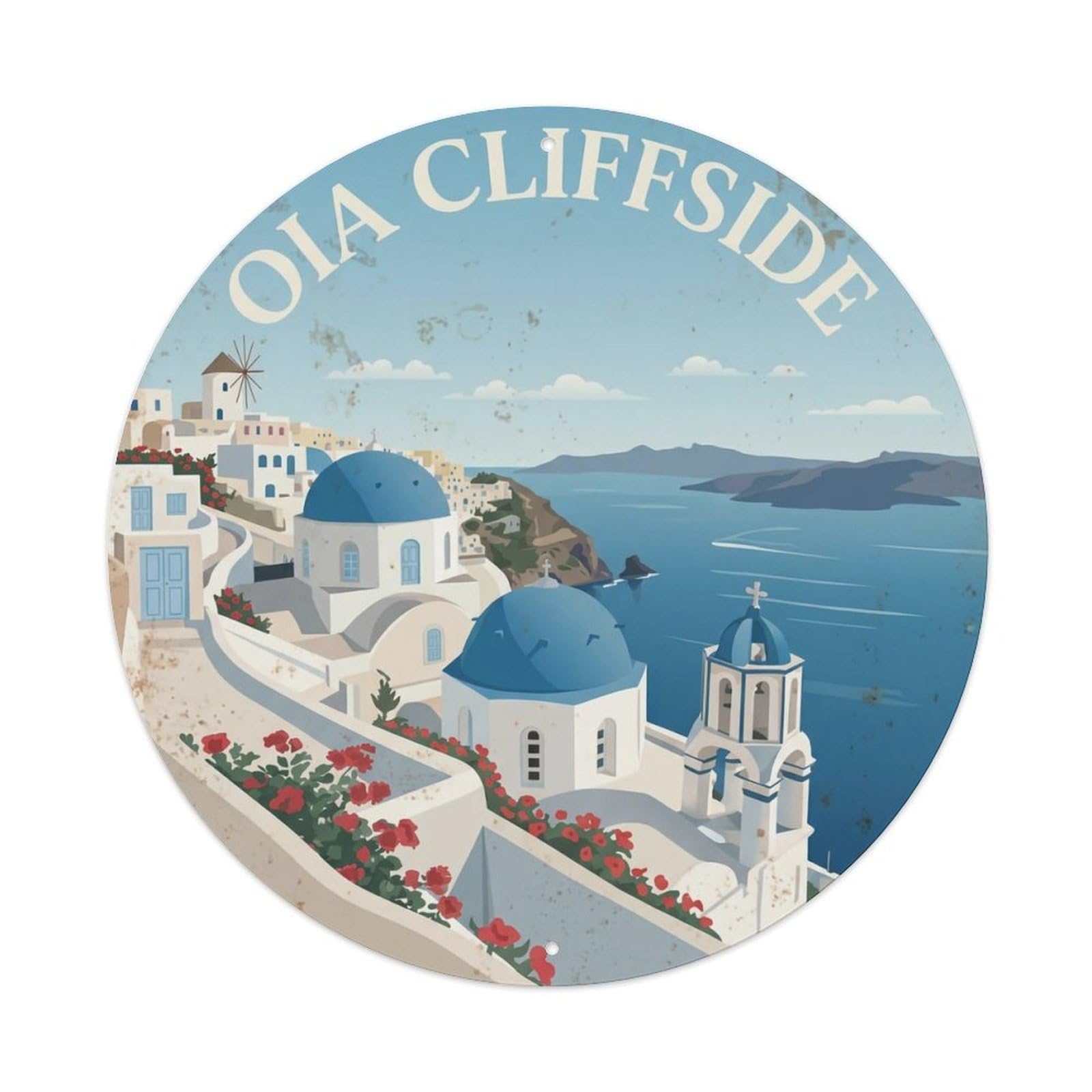 Vintage Travel Oia Santorini Cliffside Metal Tin Sign