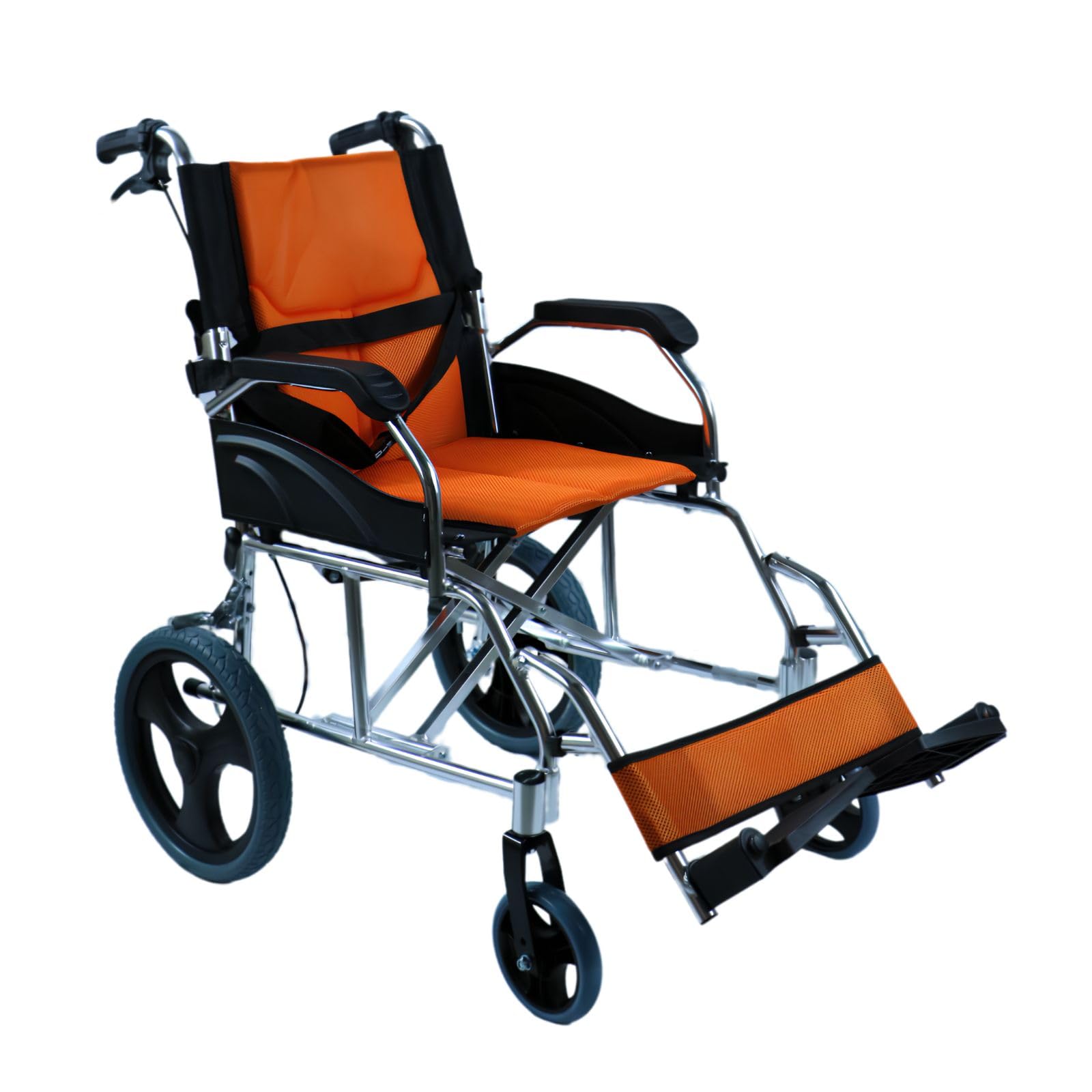 Ausilium Silla de ruedas plegable ultraligera de aluminio para transporte con cinturón de seguridad incluido y respaldo reclinable - Color naranja
