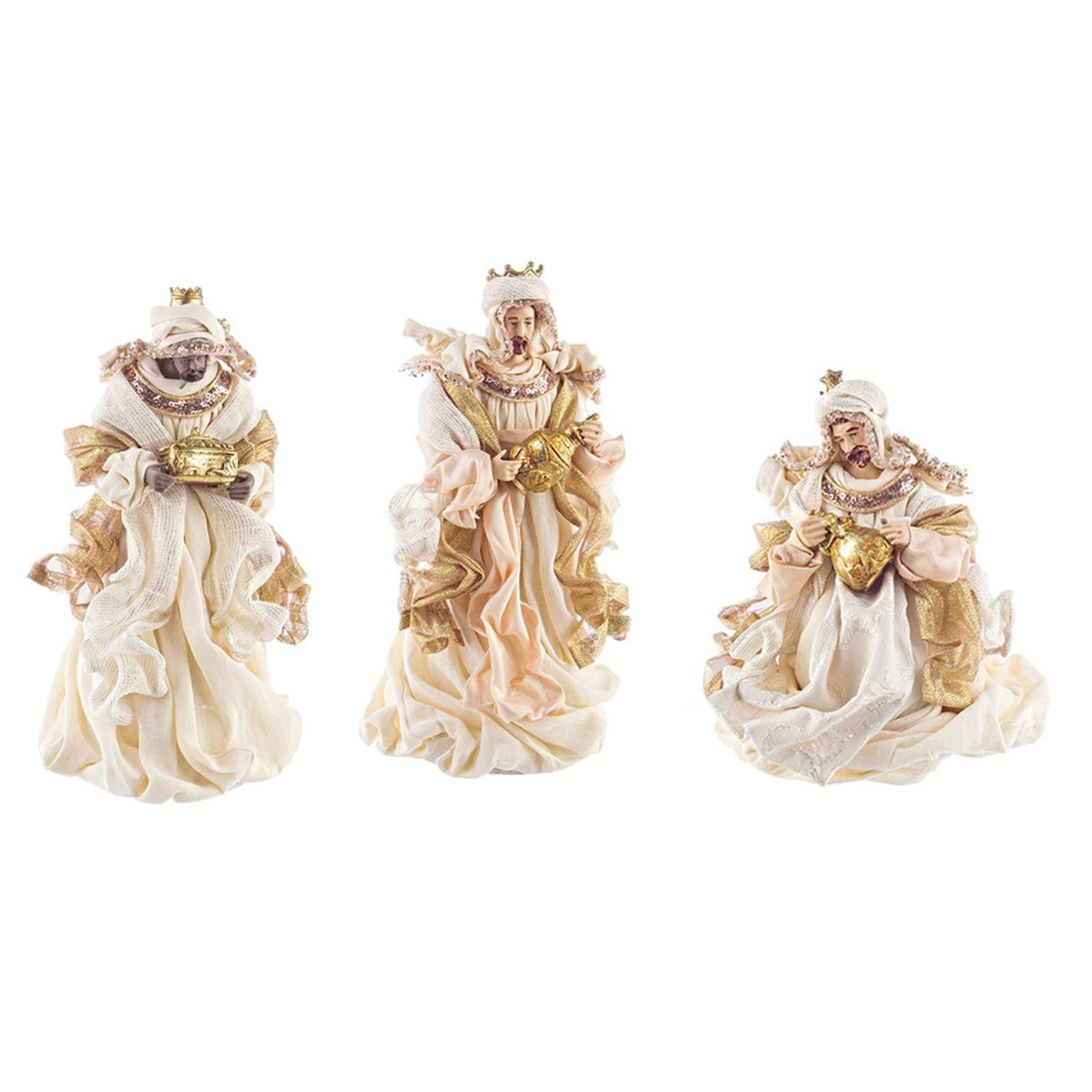 Magie di Natale Natività completa con 6 soggetti statue per presepe vestiti in tessuto Panna e Oro h 28 cm