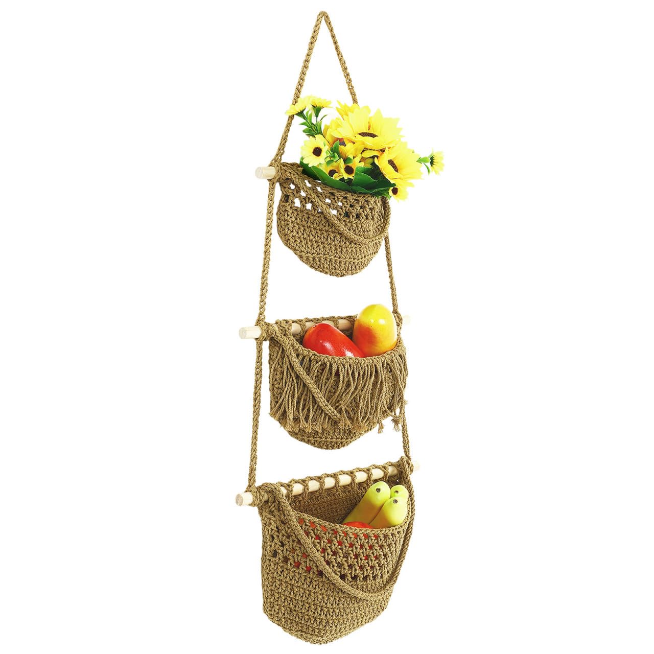 Cesta colgante organizador de frutas y verduras de gran capacidad de 3 niveles