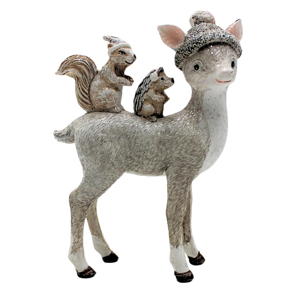 Dekohelden24 Deer decoration, decorative reindeer, decorative deer with hat, deer figure, reindeer figure, deer with hat and sitting on it hedgehog and squirrel made of ceramic in white glitter; L/W/H