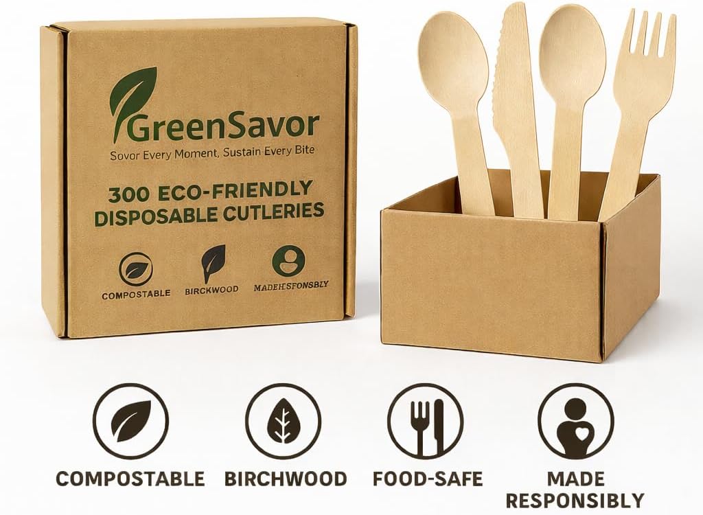 300 Birch Wood Disposable Cutlery Set (100 Spoons, 100 Forks, 100 Knives), Eco-Friendly Utensils