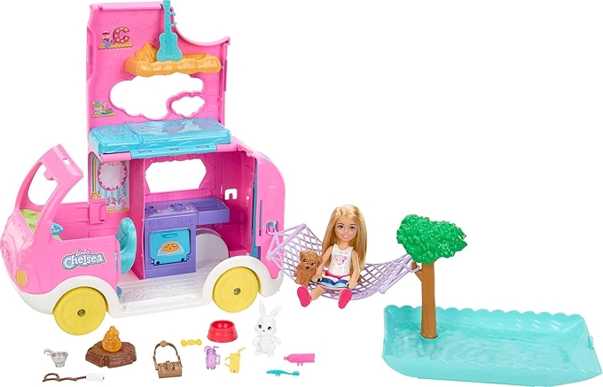 Barbie 2-in-1 Camper Playset with Chelsea Doll and Pets