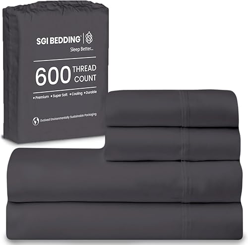 SGI bedding Juego de sábanas tamaño individual de 600 hilos 100% algodón egipcio, color gris oscuro, sábanas de lujo súper suaves de 4 piezas, ropa