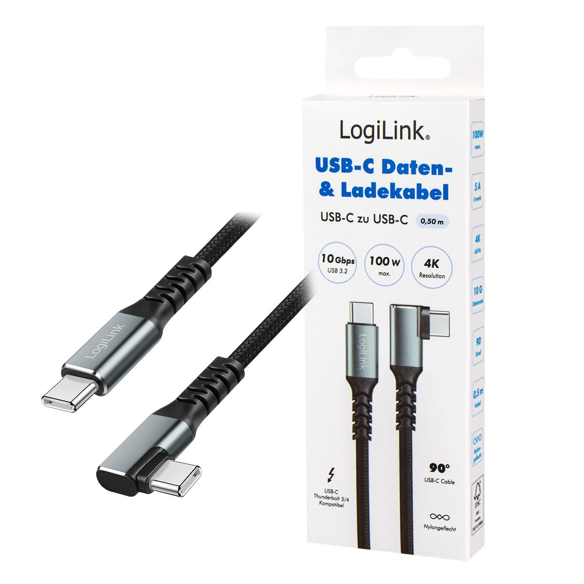LogiLink Kabel przyłączeniowy USB 3.2 Gen2 typu C, wtyczka USB-C 90° do wtyczki USN-C, transmisja danych 10 Gbit/s, 100 W (PD3) i chipset E-marka, rozdzielczość wideo 4K/60Hz, płaszcz nylonowy