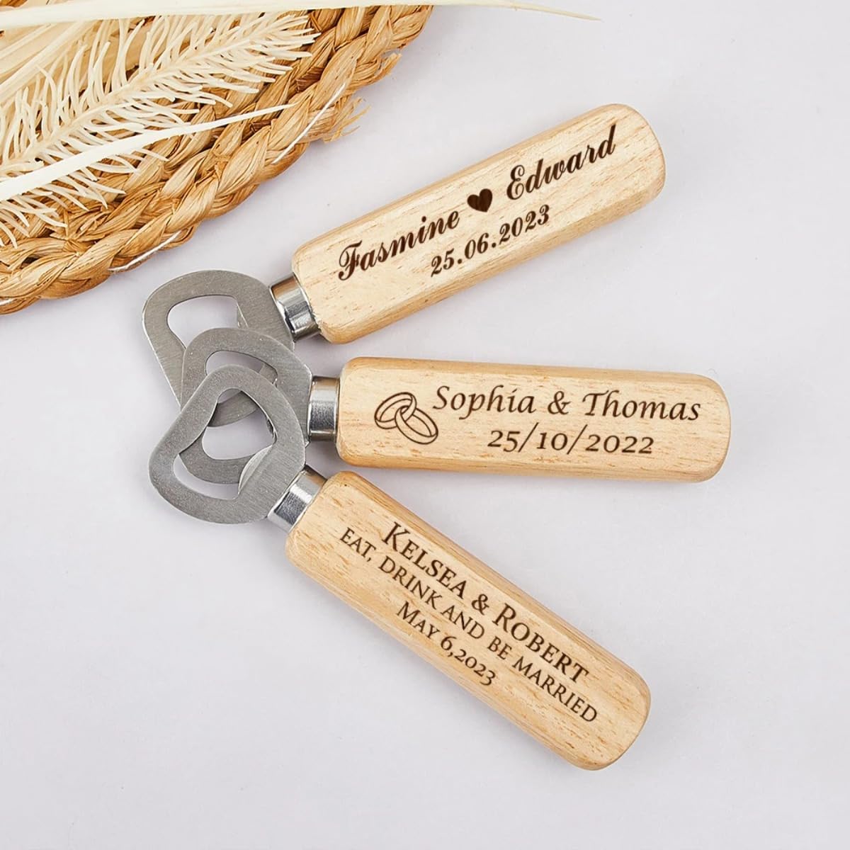 Abrebotellas de madera grabados personalizados, recuerdo de boda, fiesta, abrebotellas de cerveza de madera personalizados (40 unidades)