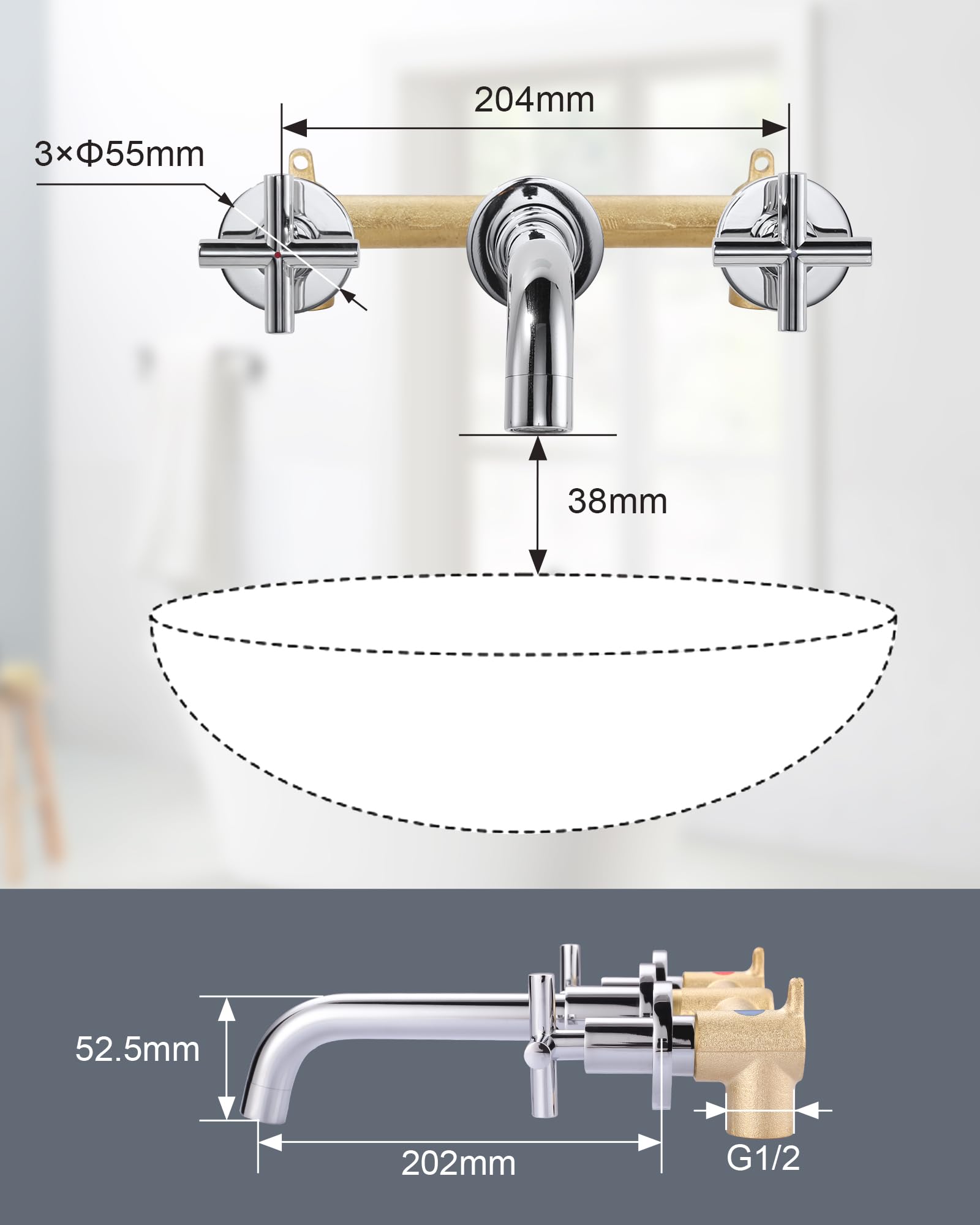 Bateria umywalkowa, ścienna, obrotowa 360°, podtynkowa bateria umywalkowa wykonana z miedzi z wkładem ceramicznym, chrom