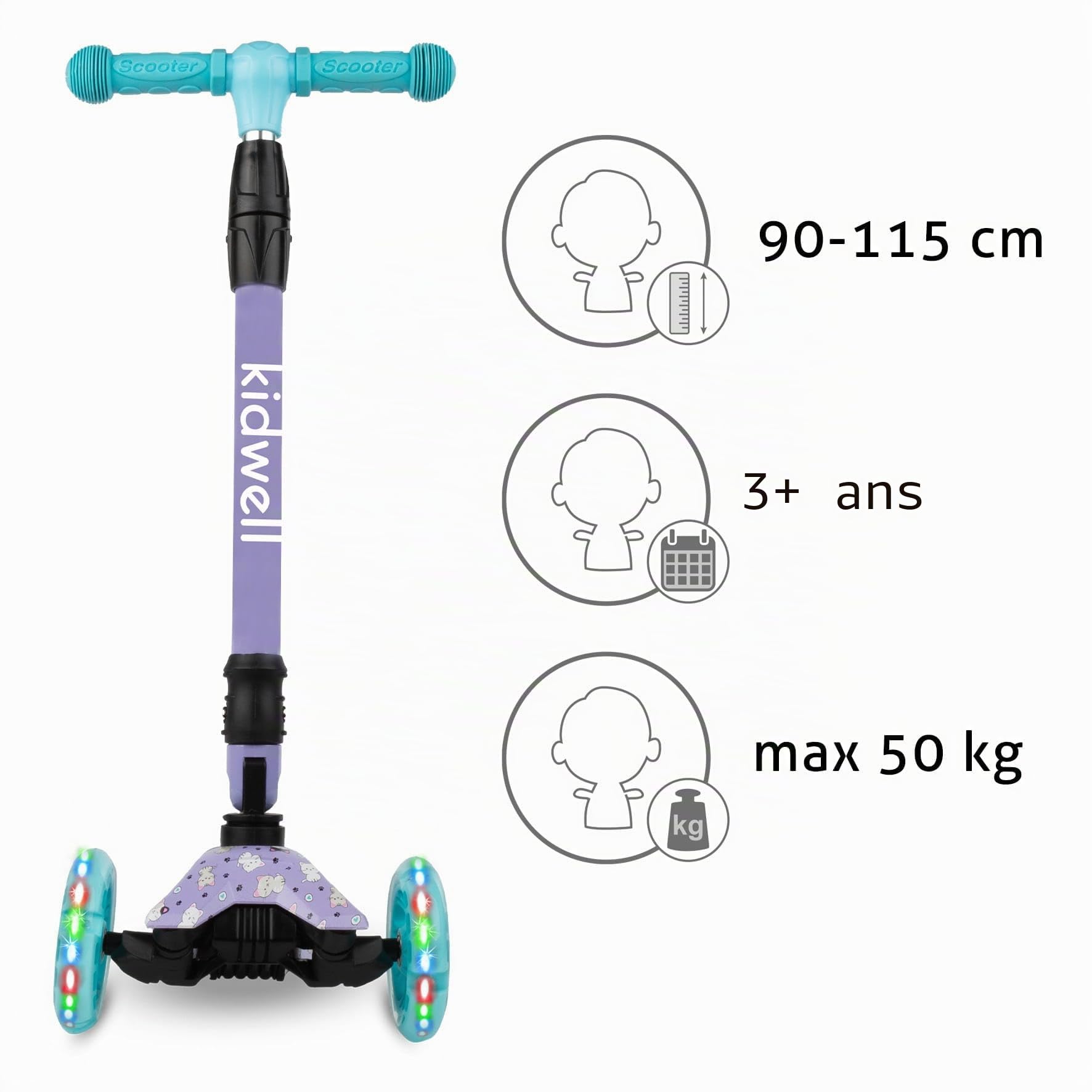 COIL Trottinette pour enfant, trottinette à trois roues, trottinette d'équilibre, trottinette de ville, roulement ABEC-7, réglage du volant à 3 niveaux, roues LED