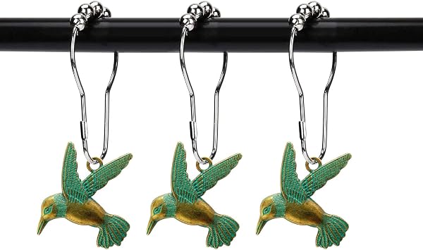 Hummingbird Shower Curtain Hooks Rings Bird Garden Nature Spring Theme Decoration Stainless Steel Rustproof Set of 12 Patina