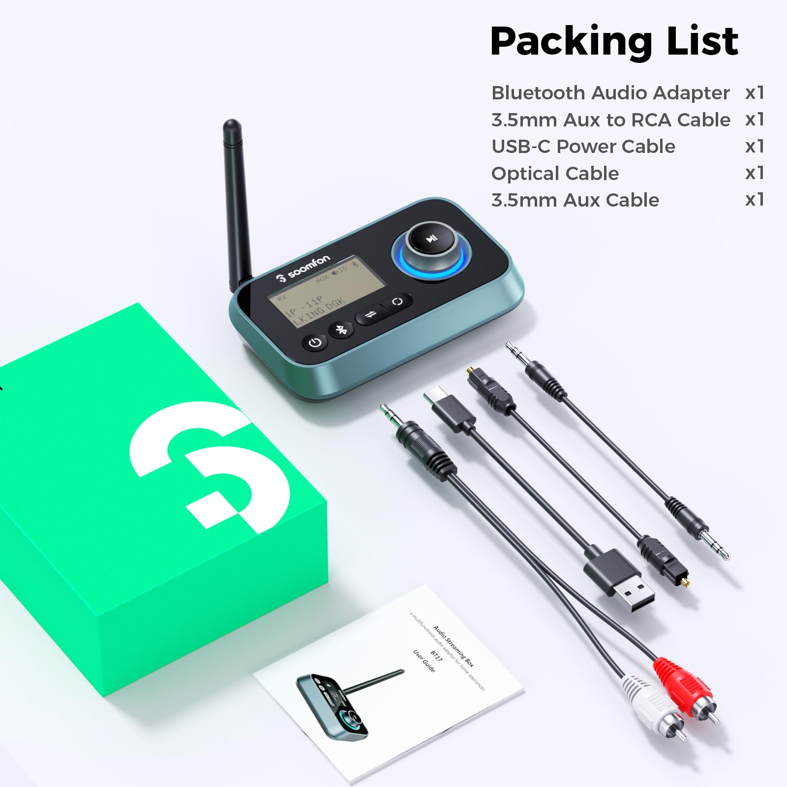 SOOMFON Bluetooth 5.0 Audio Adapter Transmitter Receiver with Aux/Optical/RCA, 3.5mm Jack, Optical, LCD Display