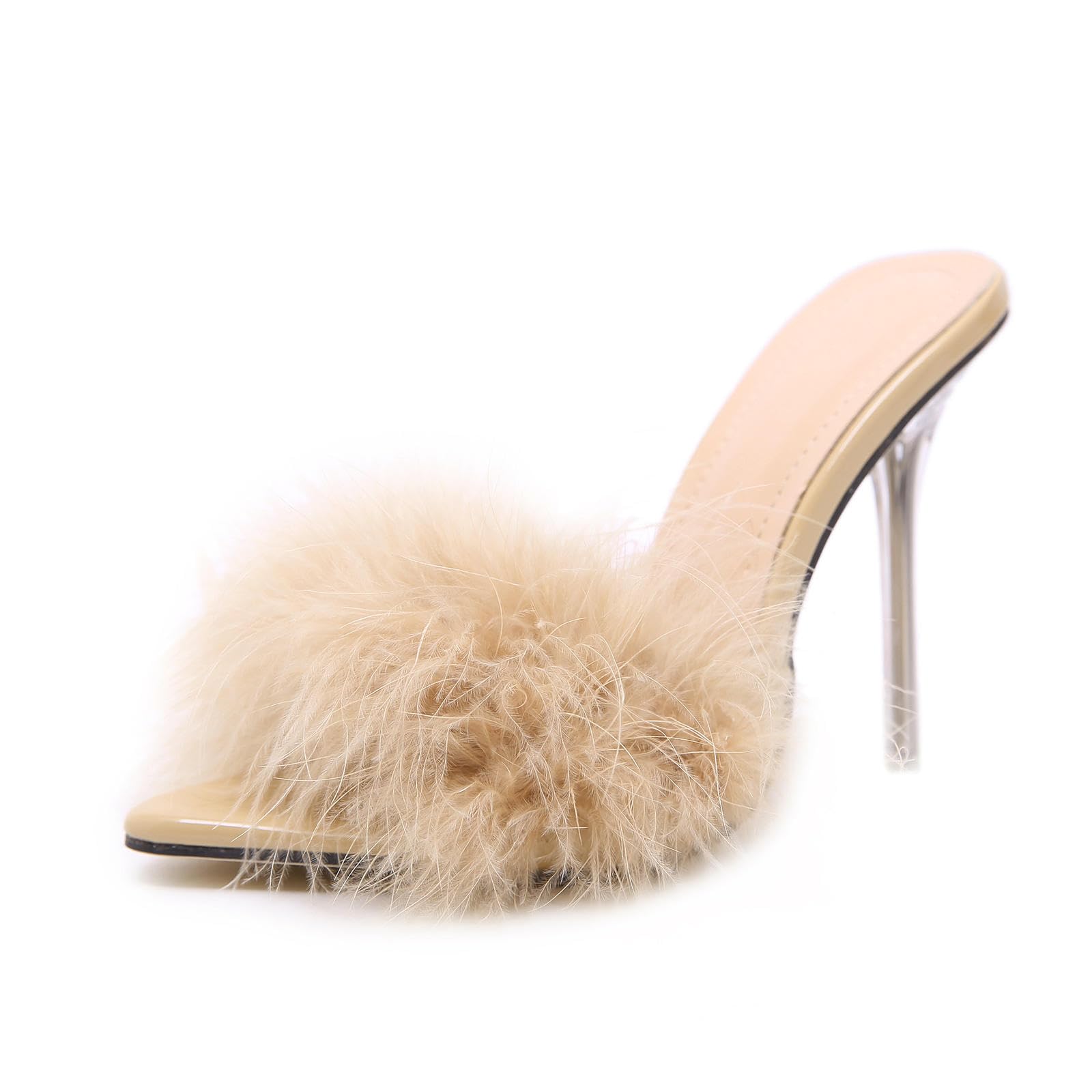 tacchi donna Sandali Con Tacco Alto 10CM Hair Ball Donna Sandali Estivi In ​​cristallo Trasparente,Beige-39