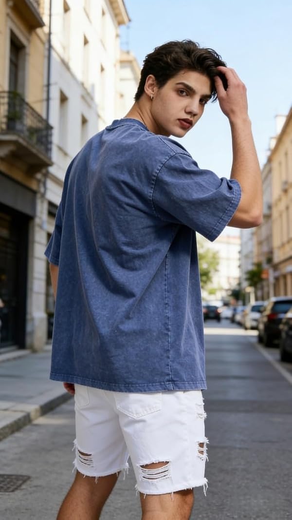 JUDHGGX 4 Pcs Men Oversized T-Shirts Heavyweight Cotton Gym Tee Vintage Acid Wash Unisex Workout T Shirts Loose Fit Apri+Black+Army+Blue L by JUDHGGX - Used condition - Image 6