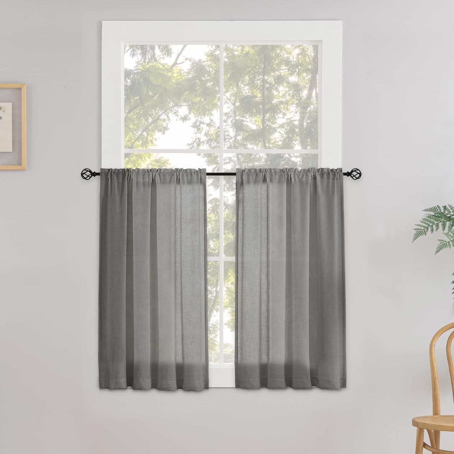 CUCRAF Echte Leinen Scheibengardine Bistrogardine Küchengardinen H 60 x B 60 Grau Halb Transparent Stores Gardinen Fenster Gardinen Gardinenschal