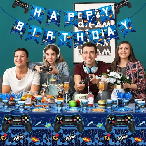 Tiamon 172 Pcs Video Game Party Decoration Set Happy Birthday Banner Gamer Supplies Plastic Tablecloth Paper Plates Tableware for Player Birthday Pack, Serving 24 Guests(Blue)