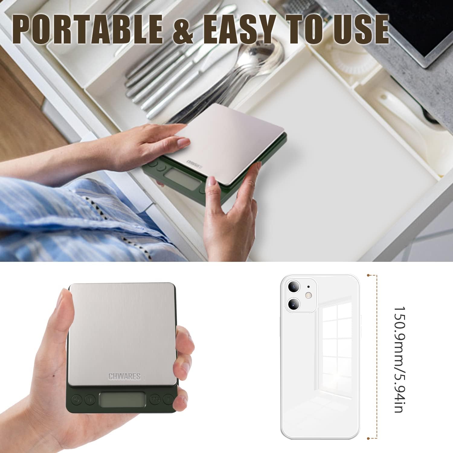 CHWARES Digital Kitchen Scale being placed into a drawer, demonstrating its portability