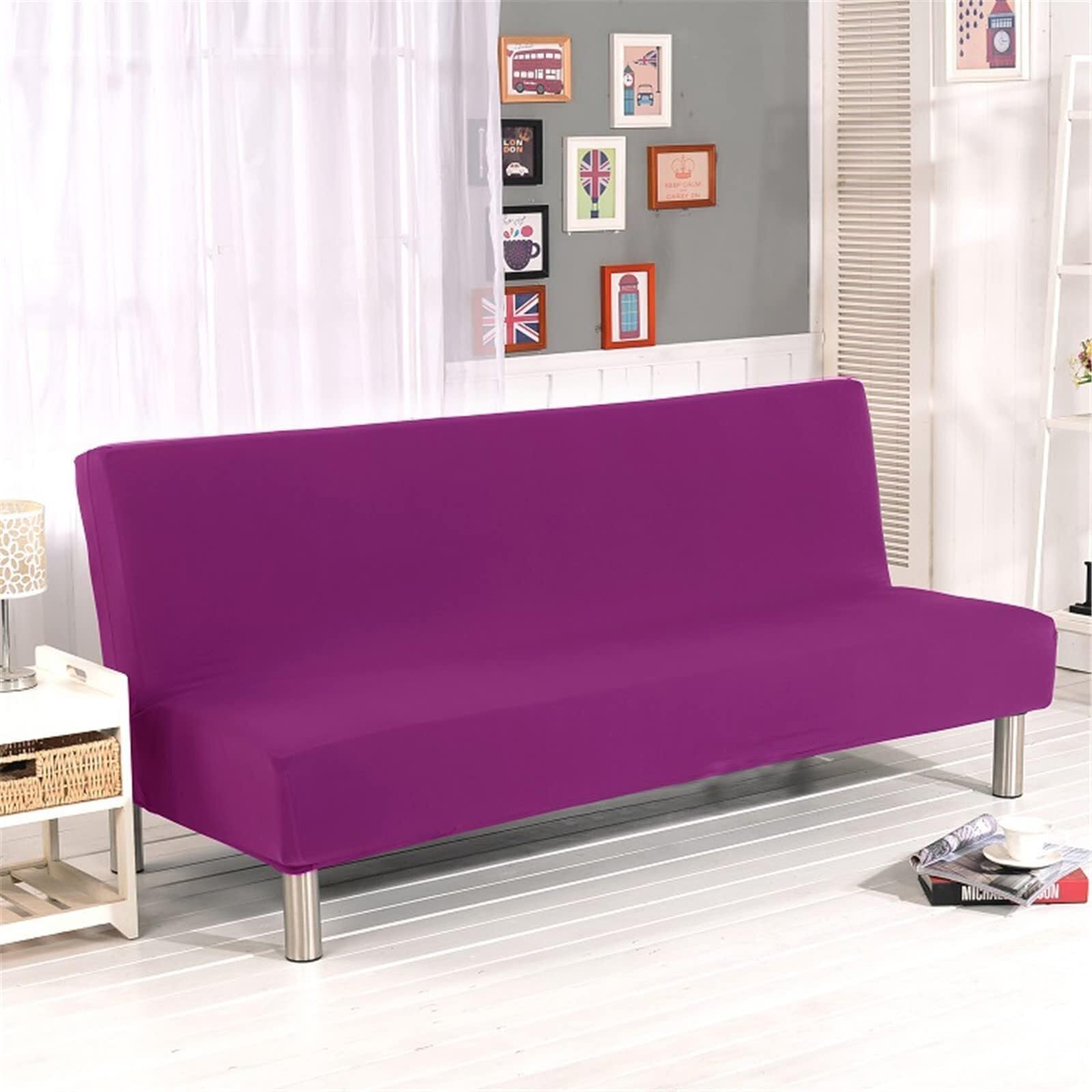 BUAOGDVG Solid Color Armless Sofa Cover 2/3 Seater Stretch Stain Resistant Sofa Bed Slipcover Non-Slip Washable Foldable Click Clack Sofa Cover(Viola Scuro,160-190cm)