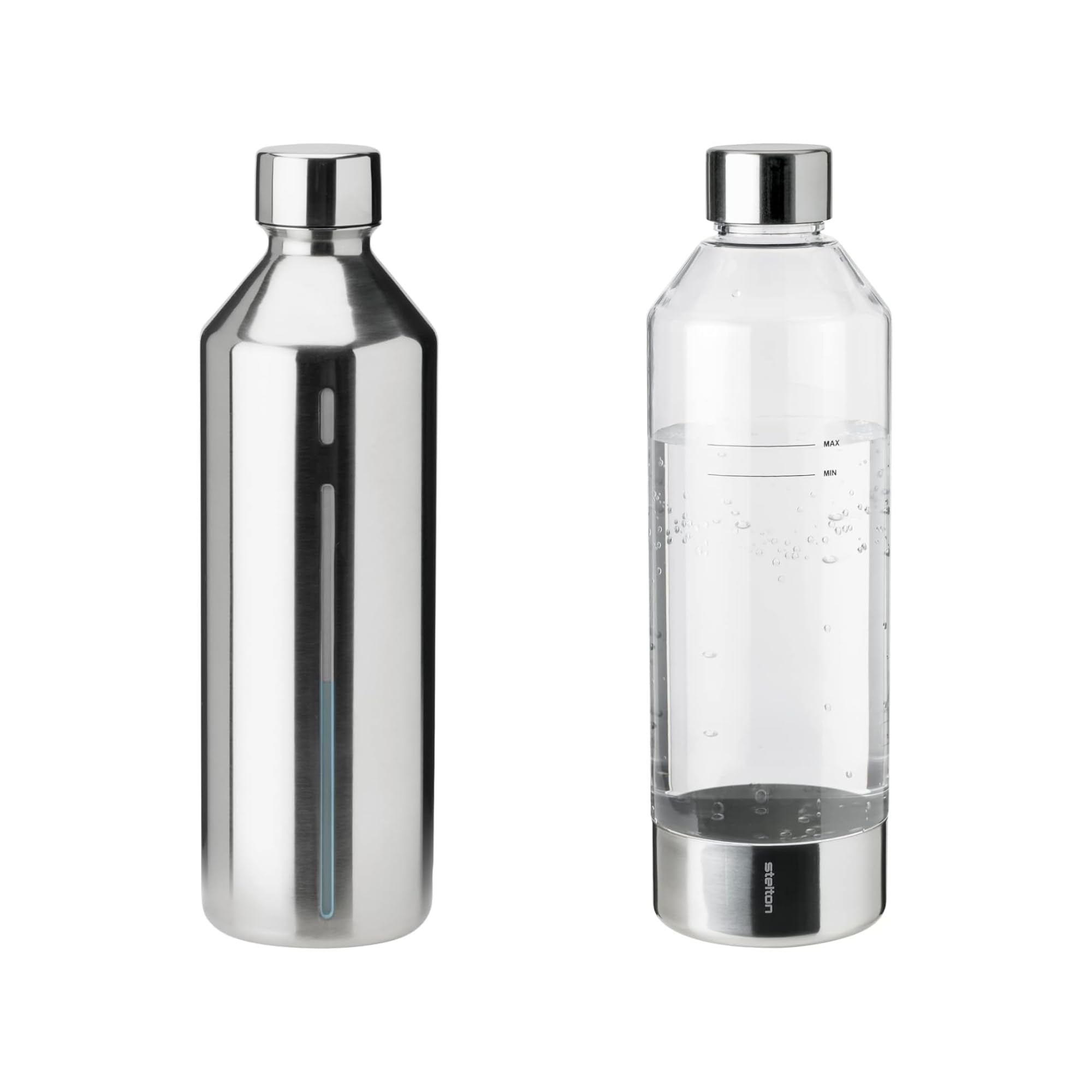 Stelton - BRUS Wassersprudler Flaschen Set, 2 Flaschen für BRUS Wassersprudler, 1 PET Flasche + 1 Edelstahl Flasche, 1,15 L Wasserflaschen, BPA-frei, Auslaufsicher