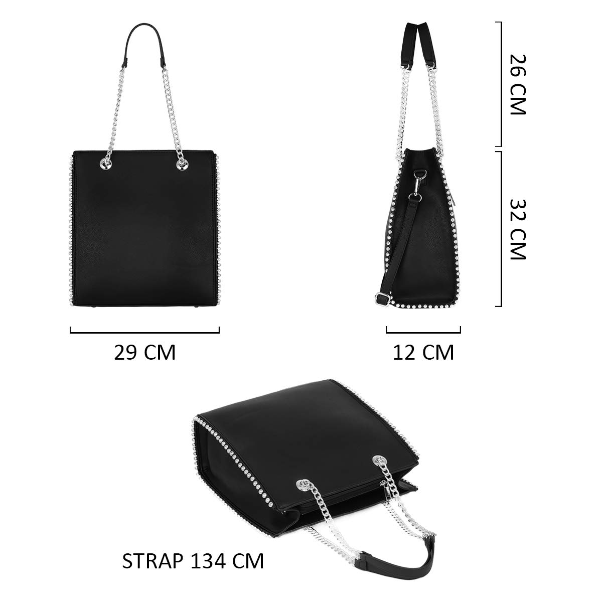 CRAZYCHIC - Damen Ketten Handtasche - Tote Shopper Nieten Perlen - PU Leder Schultertasche Rechteckig - Medium Große Shopping Bag - Frauen Elegante Moderne Tragetasche - Mode Stilvoll - Schwarz