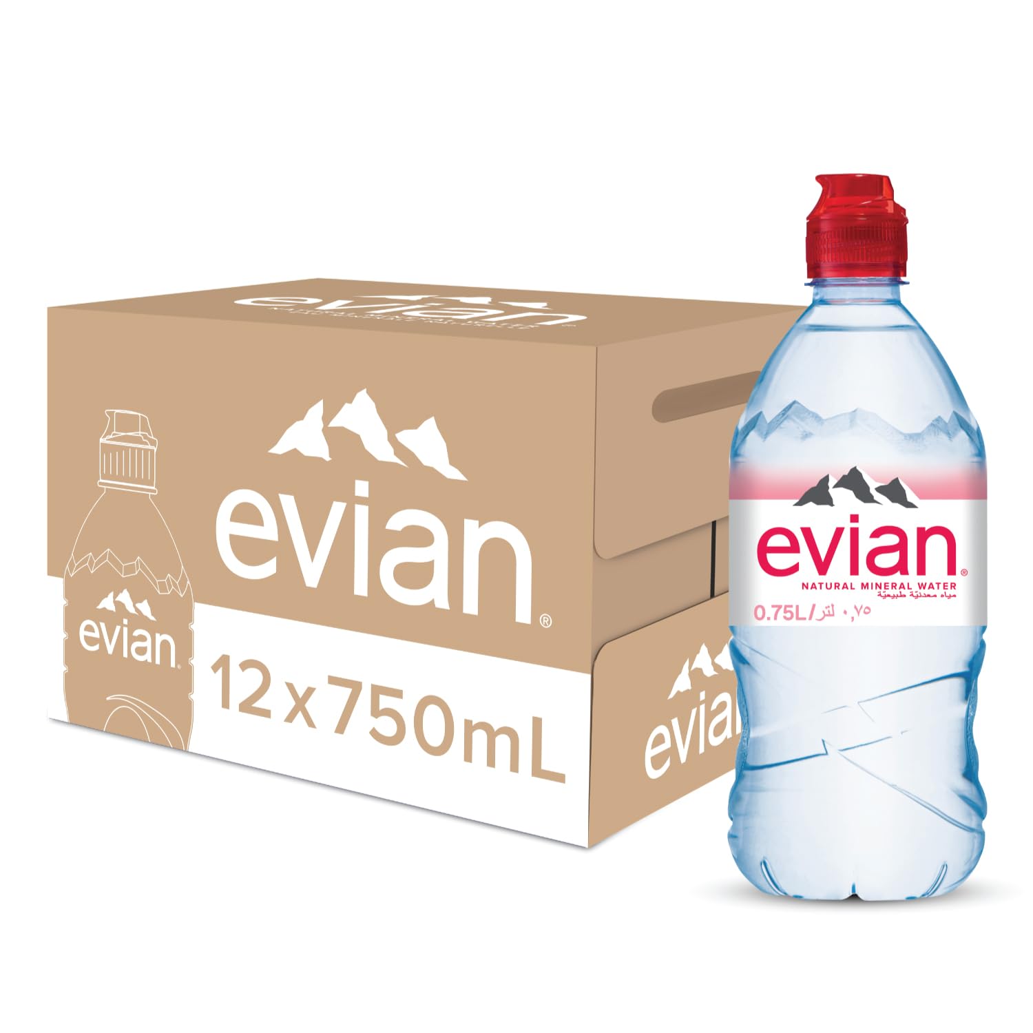 Evian Mineral water, Naturally Filtered Drinking water, 750ml Bottled Water Crafted by Nature, Case of 12 x 750ml Sports Cap Water Bottles