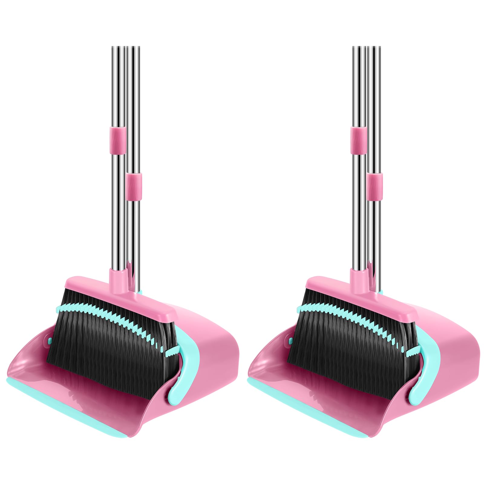 Besen- und Kehrschaufel-Set, 132,1 cm lang, verstellbarer Griff, Besen, Kehrschaufel, Kombi mit Kehrschaufelzähnen zur automatischen Haarreinigung, geeignet für Zuhause, Küche, Büro, Flur, Boden, Rosa