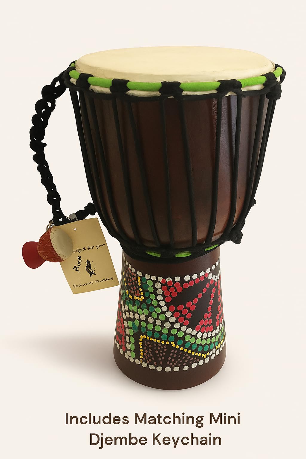 Djembe Drum – African Bongo Congo Style Drum – 12" High Solid Mahogany Wood with Goat Skin Head – Includes Free Djembe Keychain Gift – Professional Quality, Authentic JIVE Brand