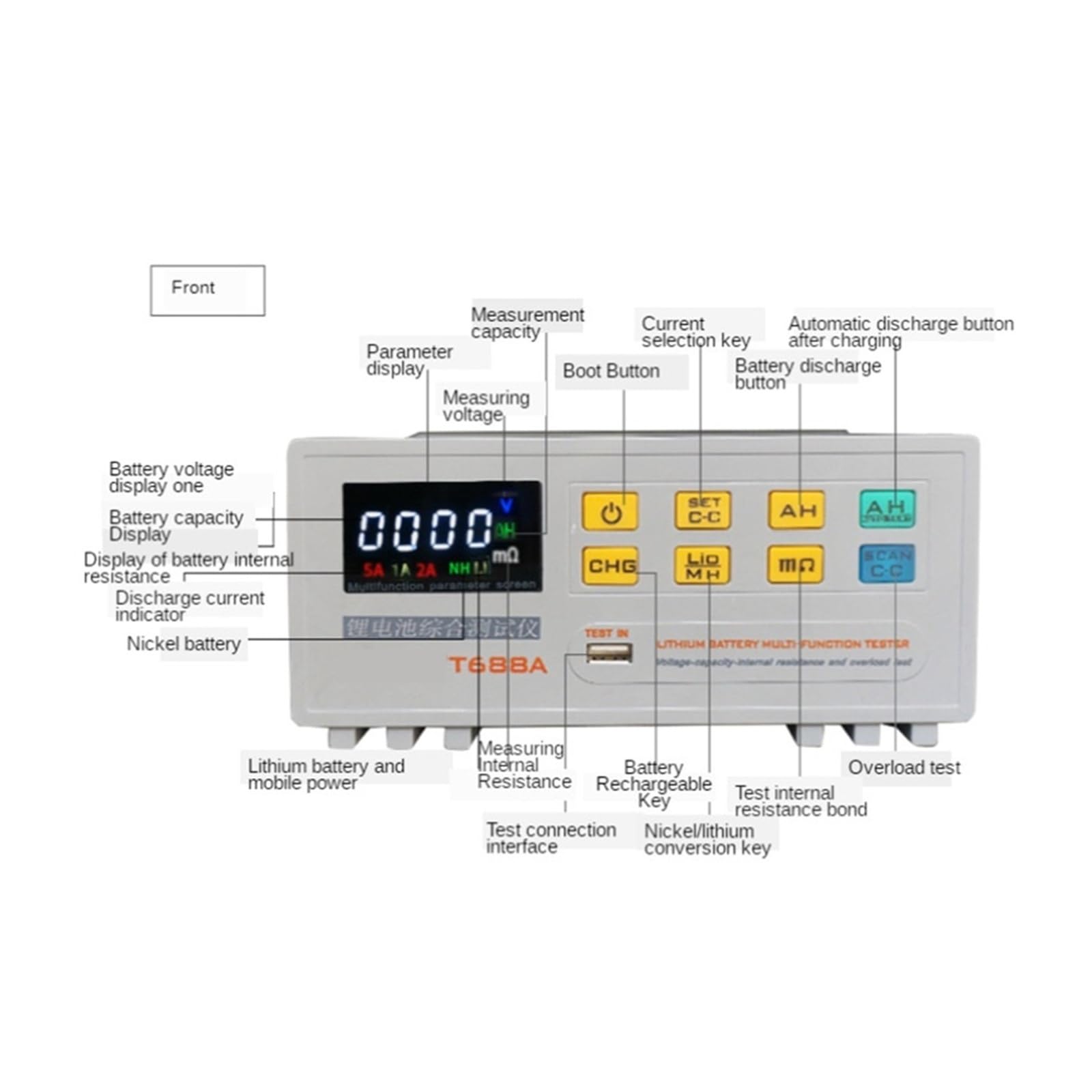 Tester per batterie, T-688A Analizzatore digitale capacità batteria | Offre resistenza interna, analisi della capacità; ideale per batterie di auto, camion e moto.