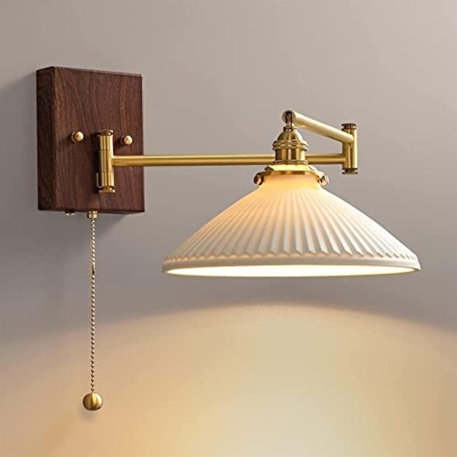 HUAYUSEDF Indoor Ceramic Wall Lamps Vintage Brass Sconces with Pull Modern Rechargeable Bedside Lights Japanese Home Swing Arm Adjustable Lighting Fixture
