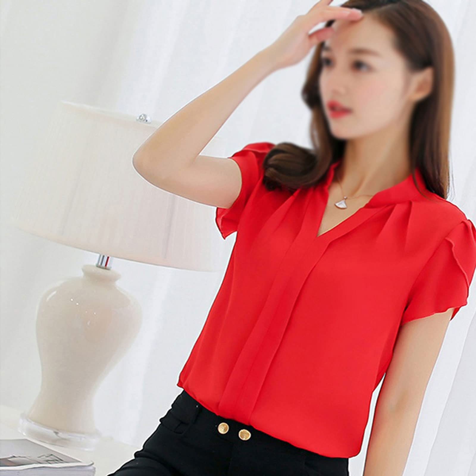 Blusa de gasa para mujer, de manga corta, elegante, formal, para oficina, ropa