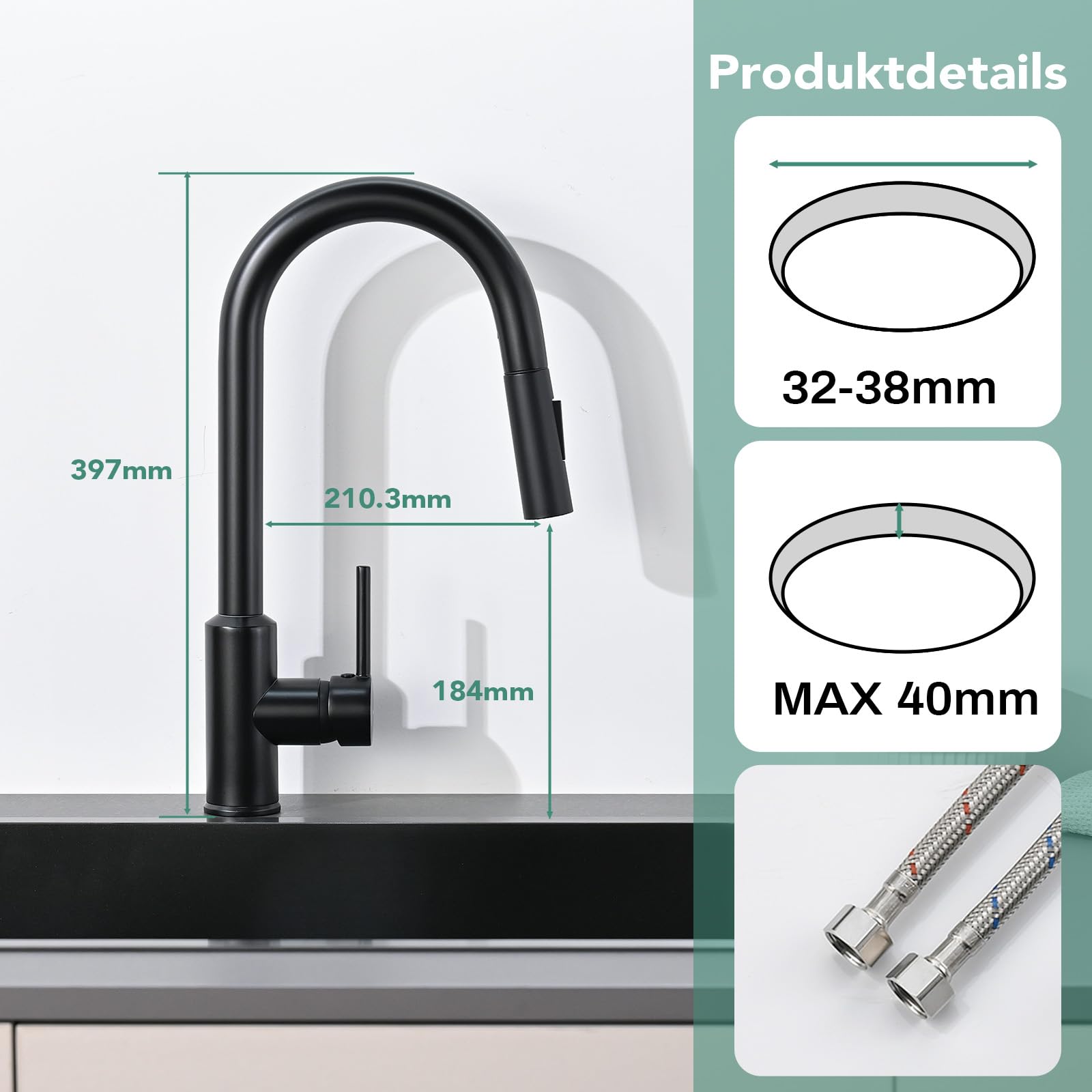 Wasserhahn Küche, Hochdruck Küchenarmatur mit ausziehbarer Brause Spültischarmatur, ausziehbarer Wasserhahn, 360° schwenkbar zwei Brausefunktionen Edelstahl schwarz
