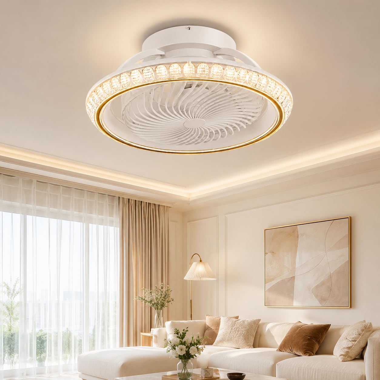 Ventilateur de Plafond avec Lumière LED 72W, Plafonnier Ventilateur Silencieux Rotation 360°, Éclairage Dimmable avec Minuterie, Télécommande et App, pour Chambre et Salon (Or)