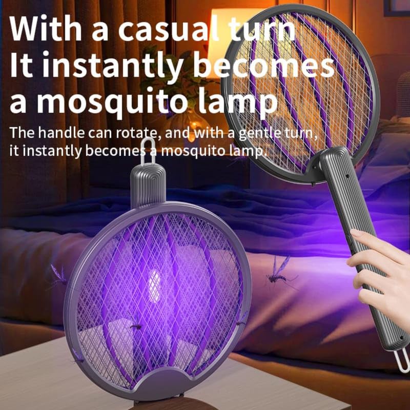 Image of Green River Foldable Swivel Mosquito Racket | 2-in-1 Electric Mosquito Bat with UV Light Lamp | USB Rechargeable Fly Swatter Bug Zapper | Hangable Insect Killer with Long Lasting Battery (Dark Grey)