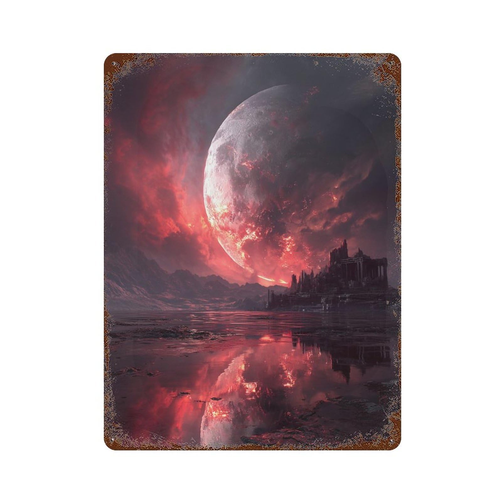 Fiery Moon Over Alien Cityscape Retro Metal Sign 15.7"x11.8", Shabby Chic Decor for Bistro, Counter And Cafe Decor