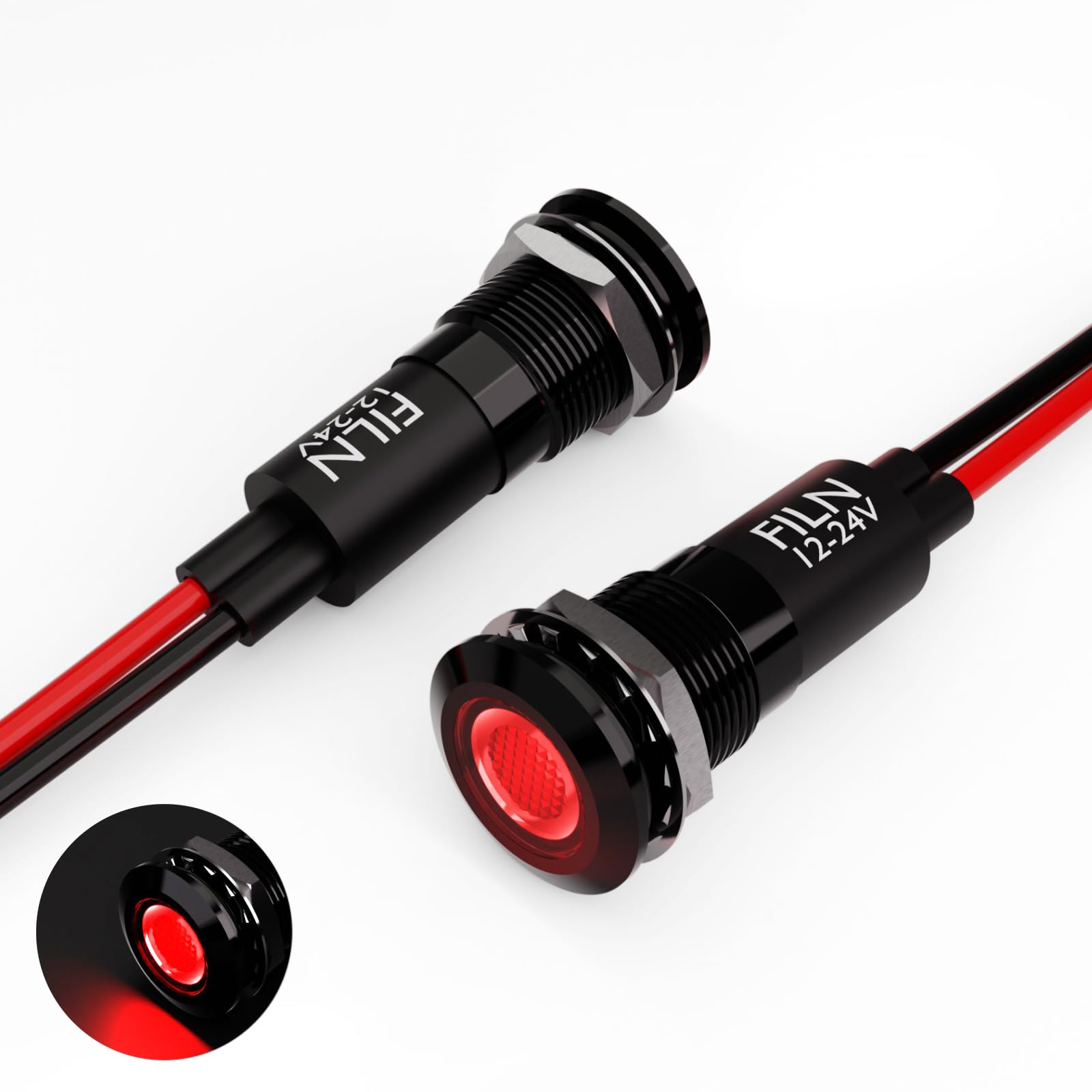 2PCS 12mm (1/2") Red LED indicator Light Waterproof Metal Signal Lamp 5V 12V 24V IP67 Pilot Dash Head for Car Industrial equipment Light (12V-black shell Red 2PCS)