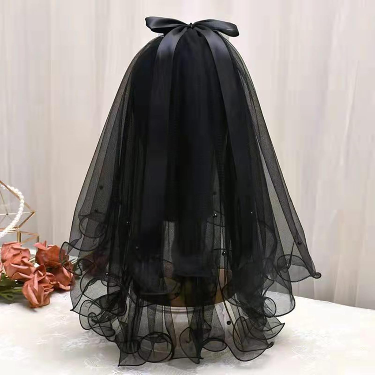 Black Halloween Veils Bridal Veils for Women Wedding, Double-Layer Pearl Bowknot Wedding Veil, Bridal Shower Decorations Halloween Decors Bachelorette Party Favors Headband Accessories Photo Props - Image 3