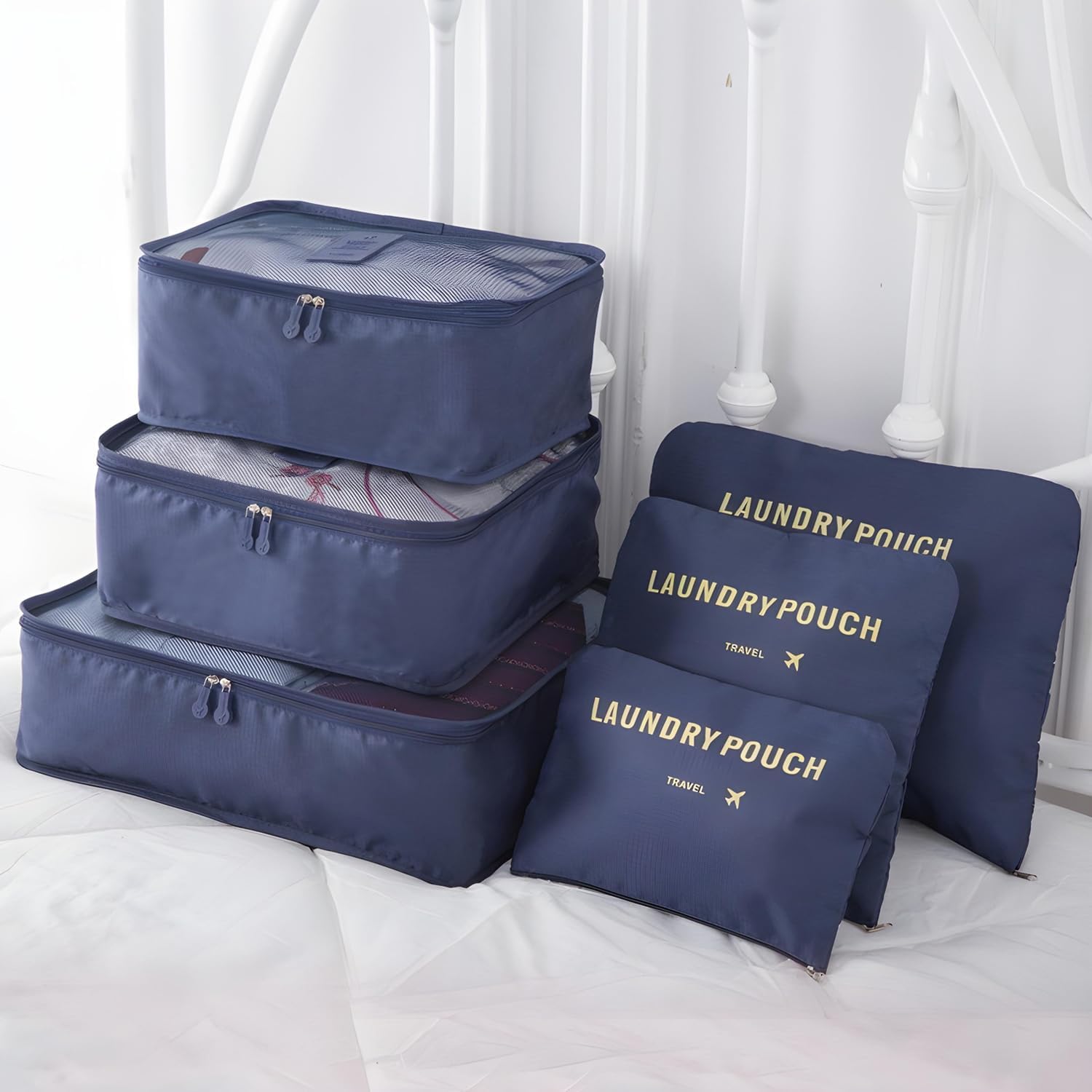 RUTPI VARIABLES Oblivion 6pcs Set Travel Luggage Organizers with Laundry Bag or Toiletry Bag Laundry Organiser Travel Organizer Packing Cubes Lightweight (Blue, 6 PCS) Polyester-image-45