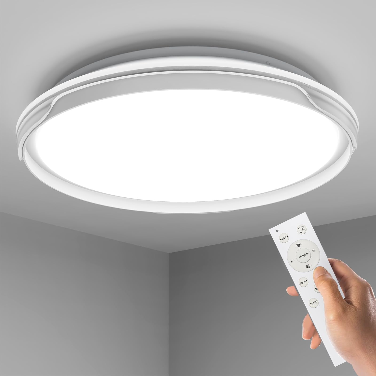 OOWOLF LED Ceiling Light, Dimmable Round Ceiling Lights, Remote Control Ceiling Lamp, Memory & Timing Function, Night Light Mode, for Indoor Living Room