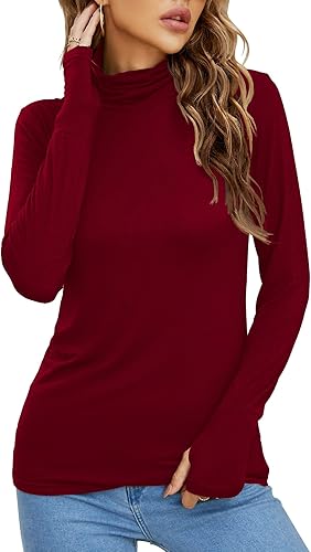 LUYAA Camiseta de manga larga para mujer, cuello alto, ligera, delgada, con agujeros para pulgar, para otoño, primavera e invierno
